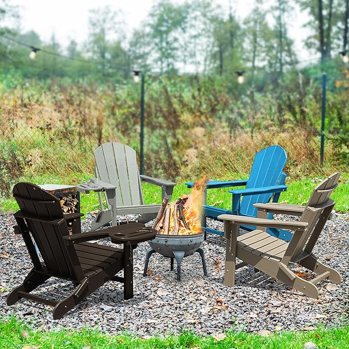 Adirondack Chair Set of 8, HDPE Folding Adirondack Chair with Multifunctional Cup Holder, Weather Resistant Fire Pit Chair for porches, patios, poolsides, Decks.