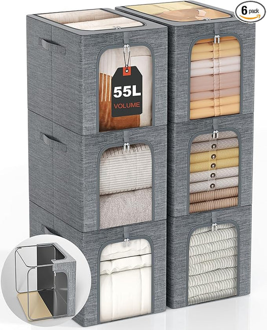 GoMaihe Clothes Storage Bins Metal Frame: 55L Extra Large Stackable Closet Storage Bin with Lid & Clear Window, Heavy Duty Blanket Box for Winter Coats Comforters (Fits Deep Closet 6-Pack)