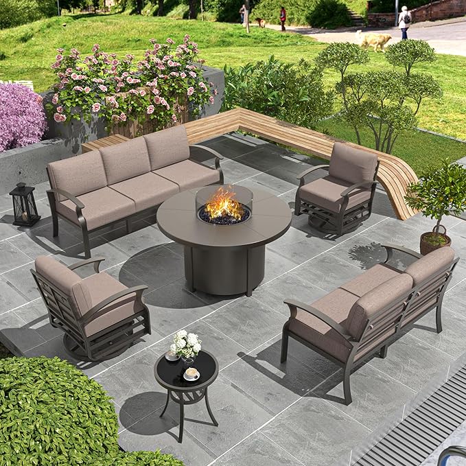 Aluminum Patio Furniture Set with Round Fire Pit Table, 7 Seats Outdoor Conversation Sets Modern Metal Patio Sectional Sofa with Upgrade Cushions for Patio, Backyard Sand
