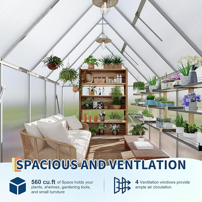 Polycarbonate Greenhouse for Outdoors, Large Walk-InGreenhouse with Quick Setup Structure and Roof Vent, Greenhouse with Ventilation