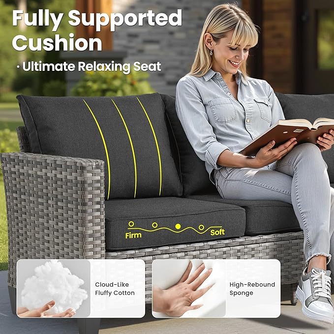 ovios 9 Pieces Patio Furniture Set, Outdoor Wicker Sofa Couch with Rocking Swivel Chairs Solar Lights Table, Modern Deep Seat Rattan Conversation Sets for Porch Deck, Black