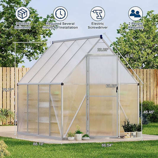 GAOMON 6x7 FT Outdoor Greenhouse with Roof Vent - Heavy Duty Aluminum Polycarbonate Greenhouse, Easy Assembly, Lockable Door, for Patio, Backyard, Garden