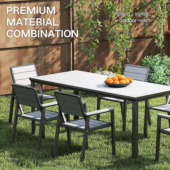Kingdura 7 Piece Patio Dining Set for 6, HDPE Outdoor Table & Chairs with 11ft Cantilever Patio Umbrella, All-Weather Outdoor Furniture Patio Conversation Set for Lawn Pool Backyard, Grey