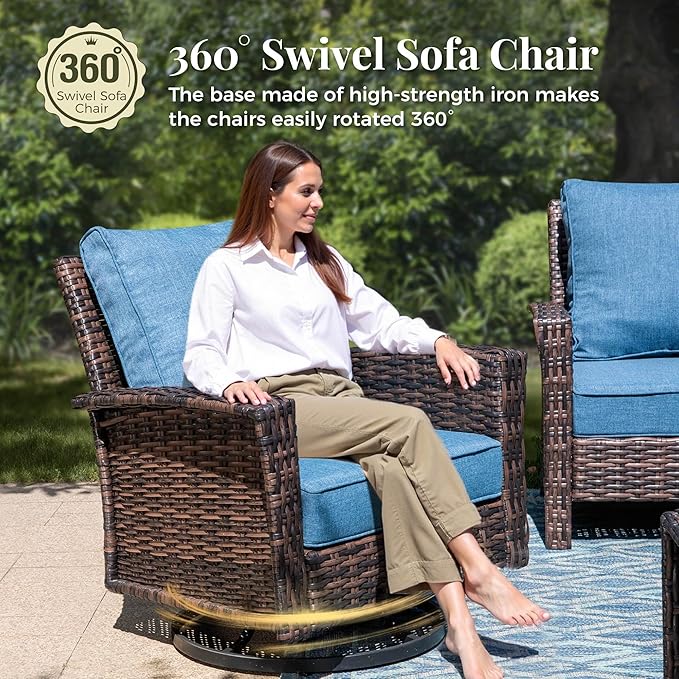 6-Piece Wicker Patio Furniture Set with Swivel Chairs, High Back Outdoor Furniture with 5.5-inch Thick Cushion and Ottoman, All-Weather Wicker Patio Conversation Set for Deck Lawn, Navy Blue