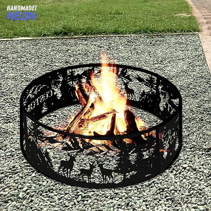 Personalized Deer Fire Pit Ring 360 Degree, Outdoor Fireplace, Custom Text Fire Pits for Outside Wood Burning, Patio Firepit, Camping Bonfire Firepits, BBQ Backyard Garden Decor