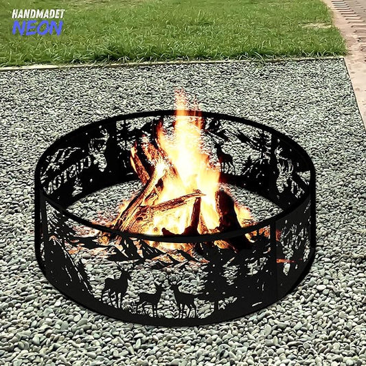 Personalized Deer Fire Pit Ring 360 Degree, Outdoor Fireplace, Custom Text Fire Pits for Outside Wood Burning, Patio Firepit, Camping Bonfire Firepits, BBQ Backyard Garden Decor