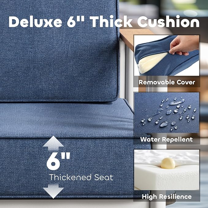 Luxury Patio Swivel Chairs with 6" Extra Thick Cushions, Outdoor Furniture Set with Ottomans and Side Table, Swivel Outdoor Chairs for Porch, Balcony, Deck, Patio, Yard, Poolside, White/Blue