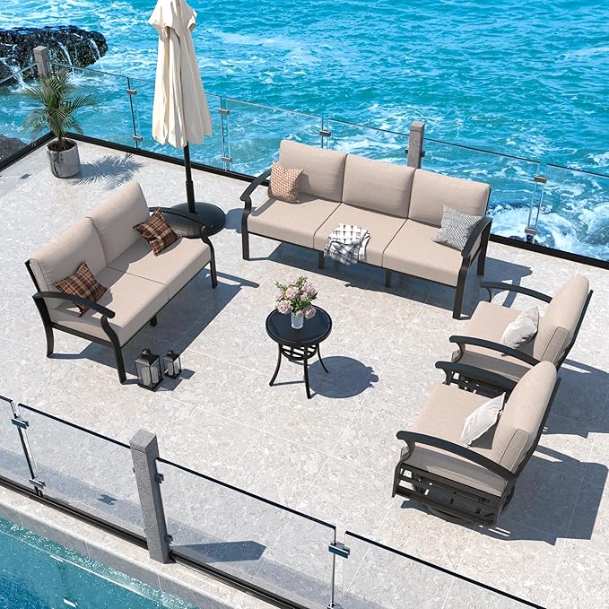 Aluminum Patio Furniture Set, 7 Seats Outdoor Patio Conversation Set with Swivel Chair Modern Metal Patio Sectional Sofa with Upgrade Cushions for Patio, Backyard Sand