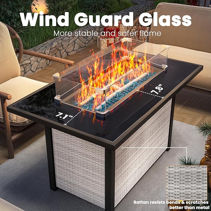 Propane Fire Pit Table, Outdoor Fire Pit Table, 43" Rattan Square Outdoor Gas FirePit with Glass Wind Guard, Tempered Glass Tabletop, Lid, CSA Listed, 60,000 BTU, Outside Patio & Garden, Gray-White