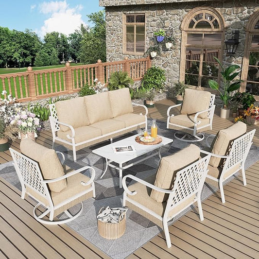 6 Piece Patio Furniture Set, 2 x Fixed Chair, 2 x Swivel Chair, 1 x 3-Seat Sofa with Marbling Coffee Table, All Cushioned Outdoor Conversation Set for Lawn Deck Backyard, Beige