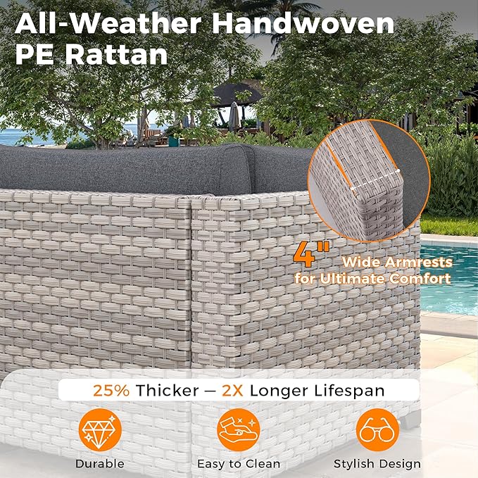 6-Seat Modular Patio Furniture Set – Outdoor Wicker Sectional Sofa with Thick 4″ Cushions, Dual-Strand PE Rattan, Rust-Resistant 18 mm Steel Frame, Backyard Garden Deck Lounge,Black