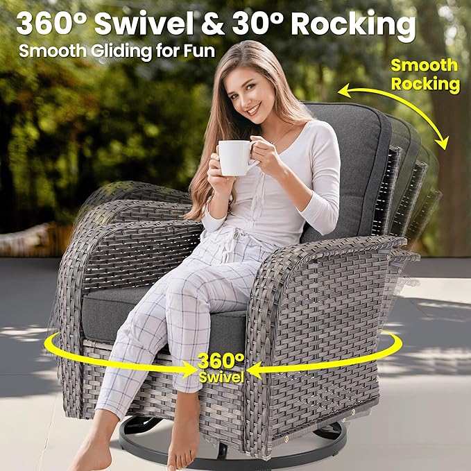 ovios 7 Pieces Patio Furniture Set, Outdoor Wicker Sofa Couch with Rocking Swivel Chairs Fire Pit Table, Modern Deep Seat Rattan Conversation Sets for Porch Deck, Black