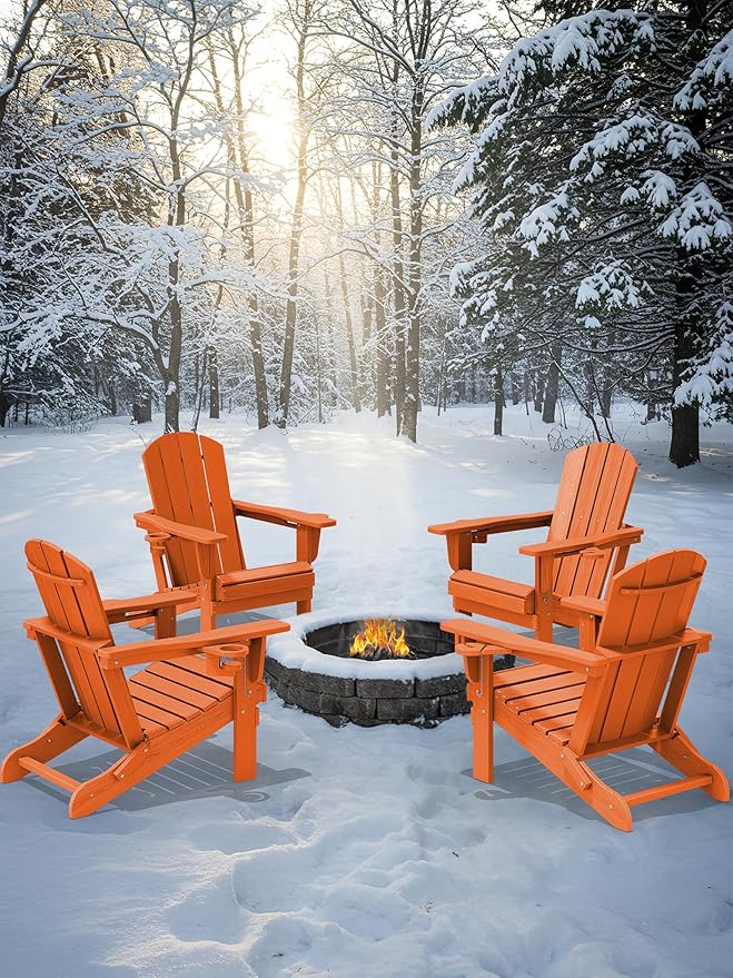 KINGYES Folding Adirondack Chair Set of 2, Dual Cup Holders & All-Weather HDPE, Wood-Like Patio Chair for Backyard, Camping, Pool & Fire Pit, Orange