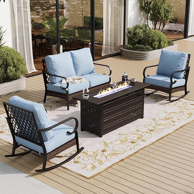 4 Piece Metal Outdoor Patio Furniture Sets with Firepit Table, Patio Conversation Sets 1 2-Seater Sofa, 2 Rocking Sofa with 5.75" Cushion Black Backyard Furniture for Deck, Blue