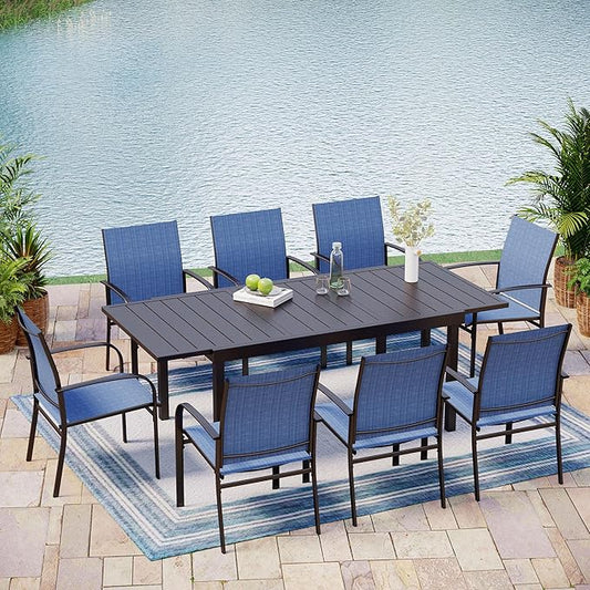 9 Pieces Patio Table and Chairs Set, Patio Dining Set for 8, 8 Textilene Chairs and 1 Expandable Patio Dining Table with Umbrella Hole, for Deck Backyard Lawn Poolside, Blue