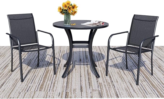 3 Piece Outdoor Dining Set, Patio Table and Chairs Set of 2, 27.6" Black Round Patio Table with 2 Black Stackable Patio Chairs for Lawn, Garden, Porch