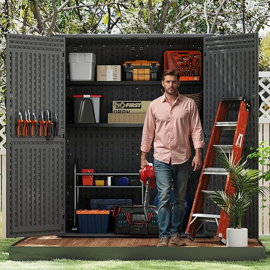 Vertical Resin Storage Shed with 2 Shelves, 60 Cuft Garden Tool Sheds & Outdoor Storage, Plastic Outdoor Storage Cabinet Waterproof, 4.5 x 2.3 ft Backyard Outside Lawn Mower Storage Shed, Grey