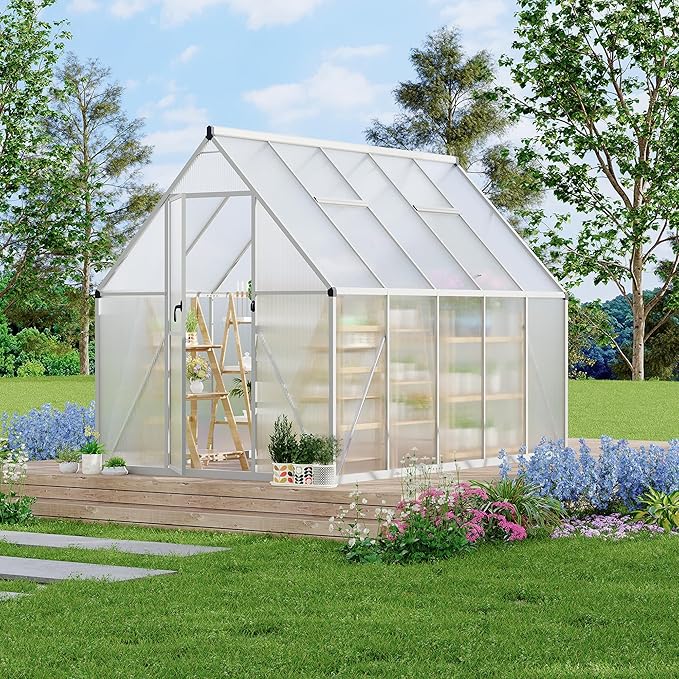 Polycarbonate Greenhouse for Outdoors, Large Walk-InGreenhouse with Quick Setup Structure and Roof Vent, Greenhouse with Ventilation