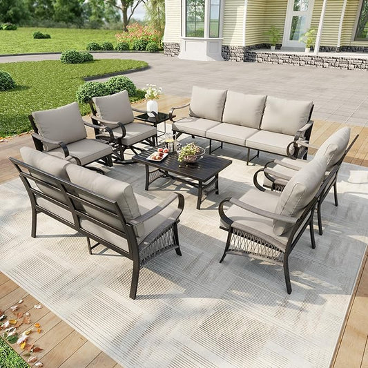 8 Pieces Outdoor Patio Conversation Sets, Rope Outdoor Furniture Set Metal 3-Seater Couch, 2 Swivel Rockers with Side Table and 2 Single Chairs, Loveseat Sofa with Coffee Table for Backyard, Beige