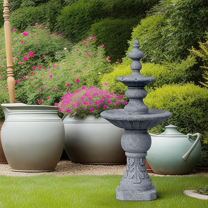 Teamson Home 52.56 in. Outdoor Two-Tier Water Fountain with Realistic ICY Stone Texture for Outdoor Living Spaces Creating a Calming Oasis for Gardens, Landscaping, Patios, Balconies, Lawns, Gray
