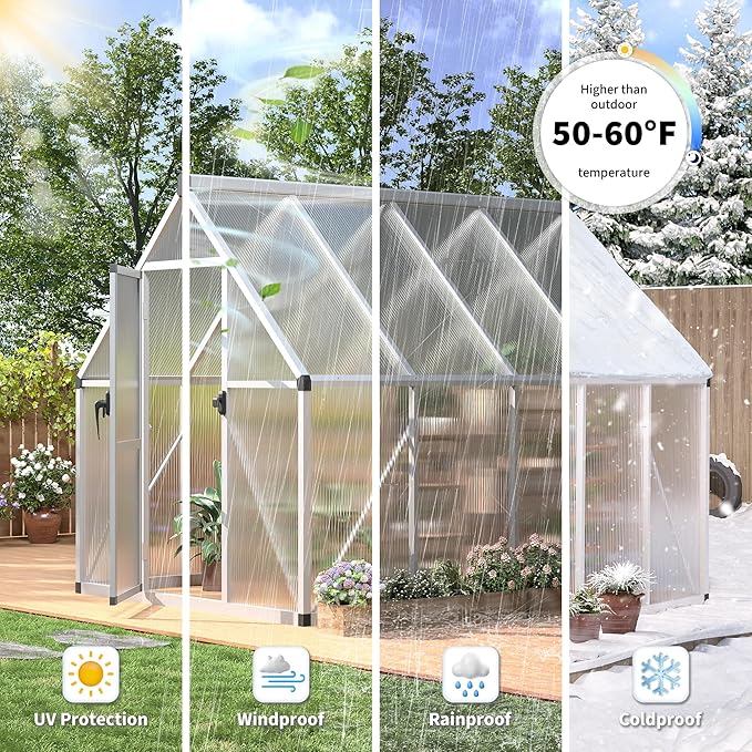 IDEALHOUSE 6x11 FT Greenhouse for Outdoors, Lockable Door and Ajustable Roof Vent, Polycarbonate Greenhouse with Windproof Aluminum Frame, Aluminum Walk-in Greenhouses, for Backyard, Lawn