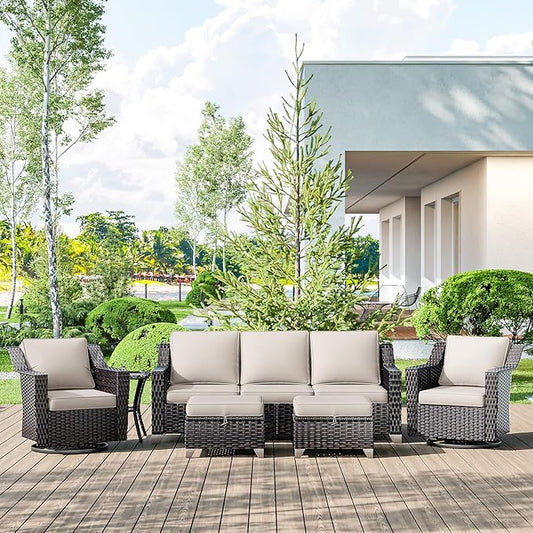 6 Pieces Wicker Patio Furniture, Luxury Outdoor Furniture with 2 Patio Swivel Chair, 3-Seater Sofa, 2 Patio Ottoman and 1 Side Table, Wide Armrest, Thickened Cushions