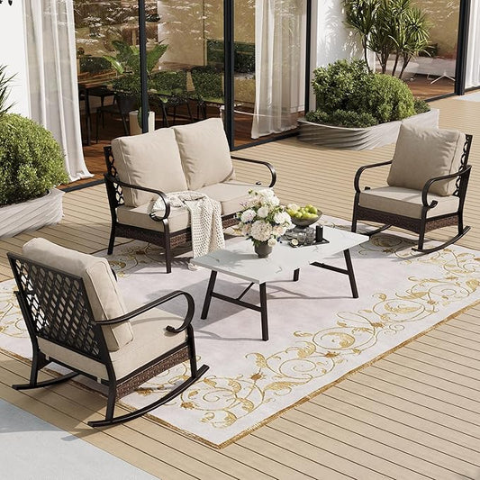 4 Piece Metal Outdoor Patio Furniture Sets, Patio Conversation Sets 1 Loveseat, 2 Rocking Sofa with 5.75" Extra Thick Cushion and Coffee Table, Balck Frame Backyard Furniture, Beige