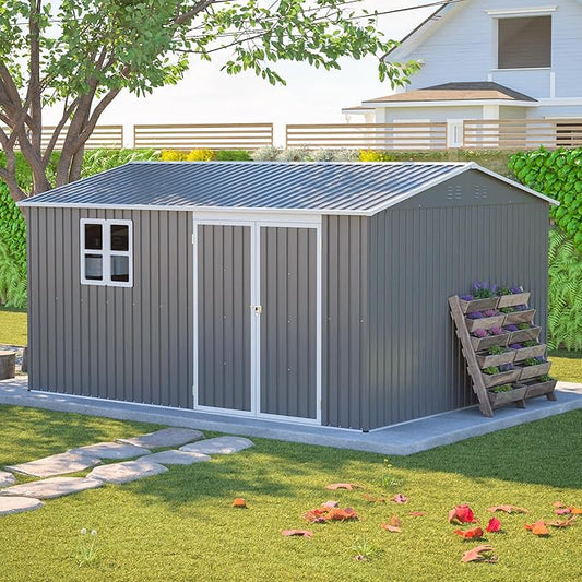 ZMAD Outdoor Storage Shed Metal, Large Garden Tool Sheds Outdoor with Lockable Doors, Waterproof Steel Utility Storage Building (Gray, 12x 10ft /Floor Frame)