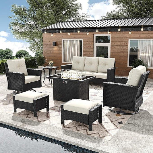 7 Pieces Outdoor Patio Furniture Set with Fire Pit Table, Wicker Patio Sectional Set Conversation Wicker Swivel Chairs with Small Side Table