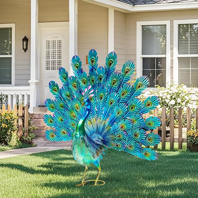Ultym 27.5in Tall Metal Peacock Garden Statue - Handmade, 3D Textured, Tail Spread Sculptures for Patio, Garden or Entryway.