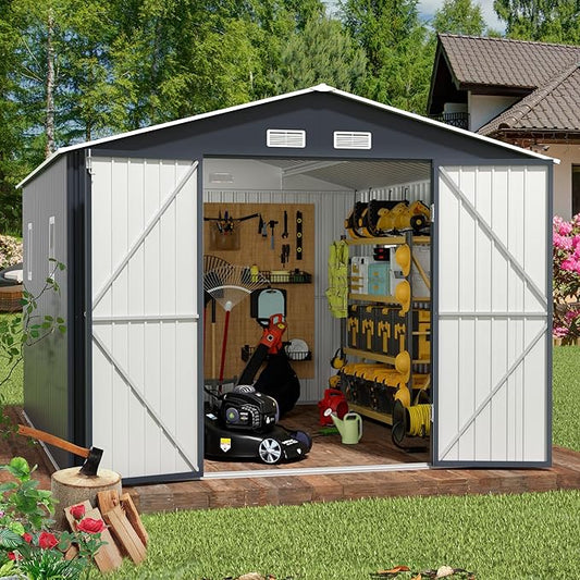 Breezz Outdoor Storage Shed 10 x 12 ft. Utility Tool Shed Metal Storage Garden Shed with Lockable Doors, Windows for Patio Storage, Nightblue