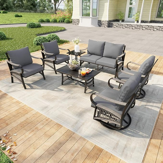 7 Pieces Patio Conversation Sets, All Weather Metal Outdoor Furniture Set Includes 2 Swivel Rockers with Side Table and Loveseat with Coffee Table 2 Single Chairs for Backyard Garden Deck Porch, Gray