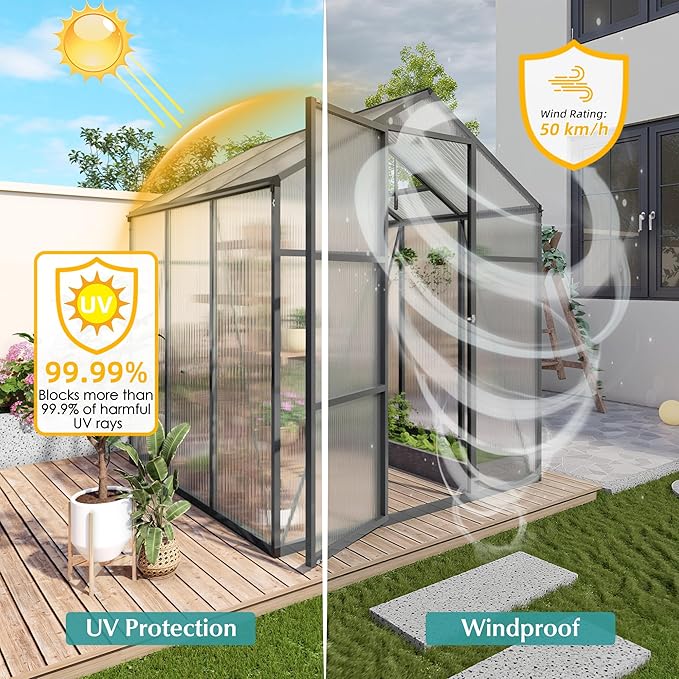 KEIKI Walk-in 6x6 FT Polycarbonate Greenhouse, Aluminum Frame Outdoor Greenhouse with Roof Vent, Anchor Base & UV-Blocking Panels for Backyard Gardening, Black
