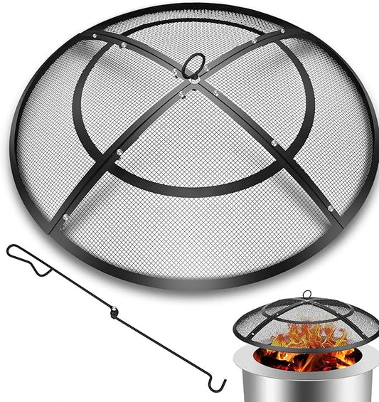 Fire Pit Spark Screen,36 Inch Fire Pit Screen Cover Outdoor with Handle&Poker,Heavy-Duty Steel Firepit Screens Cover Round Mesh Replacement for Backyard/Beach/RV Camping