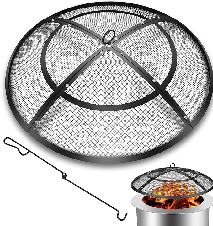 Fire Pit Spark Screen,27 Inch Fire Pit Screen Cover Outdoor with Handle&Poker,Heavy-Duty Steel Firepit Screens Cover Round Mesh Replacement for Backyard/Beach/RV Camping