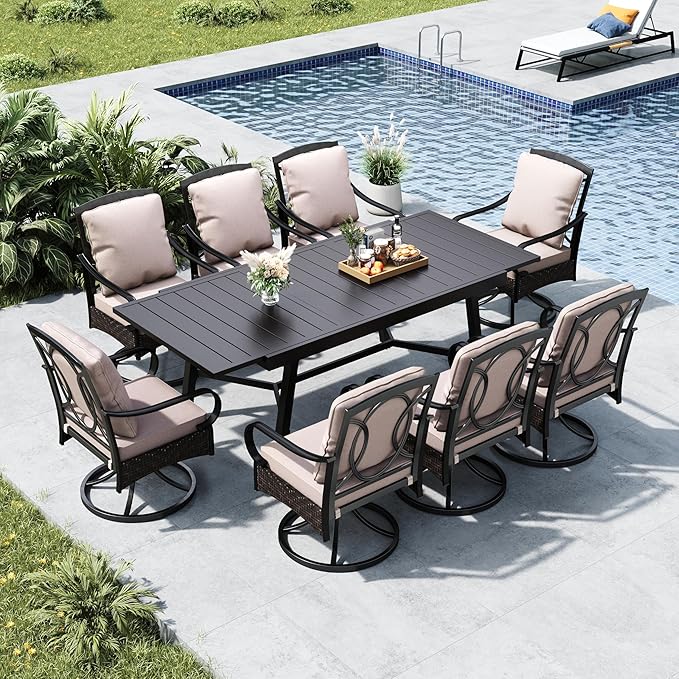 MFSTUDIO Outdoor Dining Sets with Swivel Chairs for 8, Expandable Patio Table and Chairs, Heavy Duty Patio Dining Set for 8, Metal Rectangular Table & Wicker Chair, Bakcyard, Porch