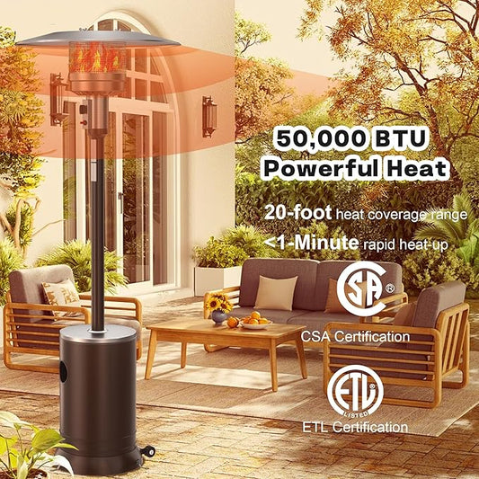 50,000 BTU Patio Heater - Propane Patio Heater with Double-Layer Stainless Steel Burner, Round Table Design Space Heater, Outdoor Heaters with Wheels Used for Garden and Patio, Brown