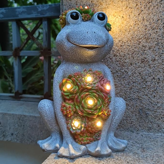 VIOYOUNS Large Frog Solar Garden Outdoor Statues with Succulent and 8 LED Lights,Outside Solar Frog Art Decor for Lawn,Yard, Balcony Ornament