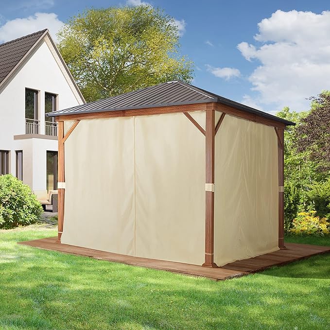 TOOLPORT Hardtop Gazebo 10x10 ft - Wood-Effect Finish - Steel Roof - 4 Side Panels in Champagne