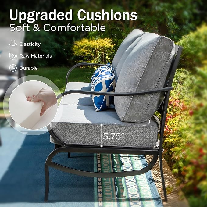 PHI VILLA 4 Piece Patio Furniture with Metal FirePit Table, 1 x 3-Seat Wide Deep Seating Bench & 2 x Swivel Sofa Chairs, 5.75" Thick Cushioned Outdoor Furniture Conversation Set for 5, Grey