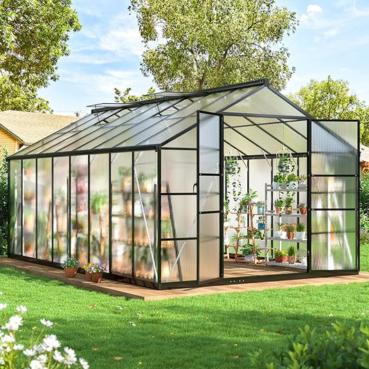 Polar Aurora 10X16 FT Greenhouse, Polycarbonate, Aluminum Frame, Manual Closure, Black