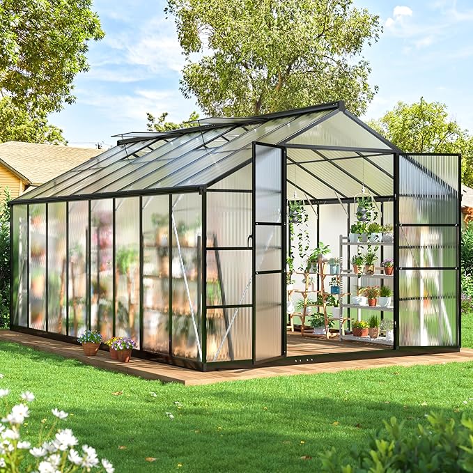 WKM 10x16 FT Greenhouse for Outdoors, Polycarbonate Greenhouse with Roof Vent and Quick Setup Structure, Enhanced Aluminum Green House for Garden Backyard, Black