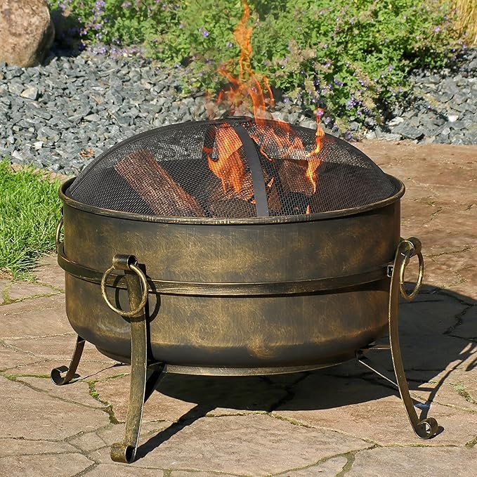 Sunnydaze 24-Inch Small Fire Pit for Outside - Wood-Burning Fire Pit Bowl for Outdoors with Spark Screen, Log Poker, and Grate