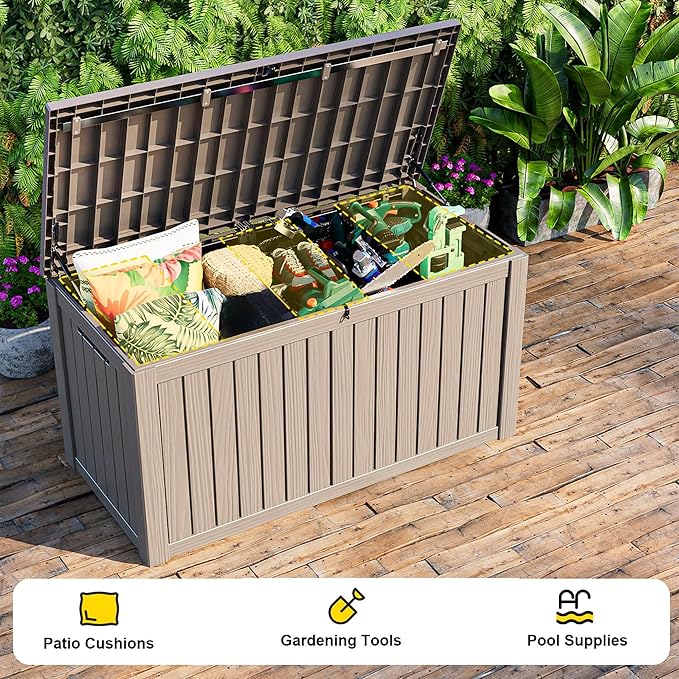 Vixzen 180 Gallon Resin Deck Box, Lockable Outdoor Storage Box for Patio Cushions Storage Furniture,Garden Tools, Pool Supplies, Weatherproof and UV Resistant- Light Brown