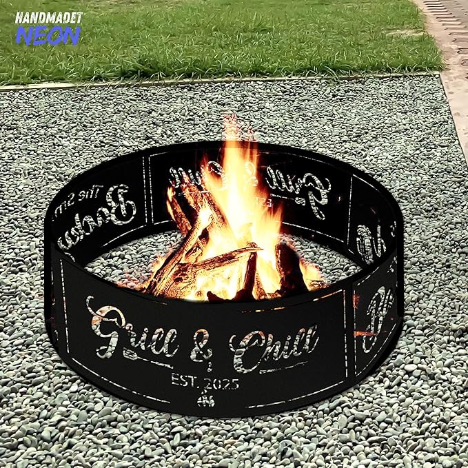 Personalized Grill & Chill Fire Pit Ring 360 Degree, Outdoor Fireplace, Custom Fire Pits for Outside Wood Burning, Patio Firepit, Camping Bonfire Firepits, BBQ Backyard Garden Decor