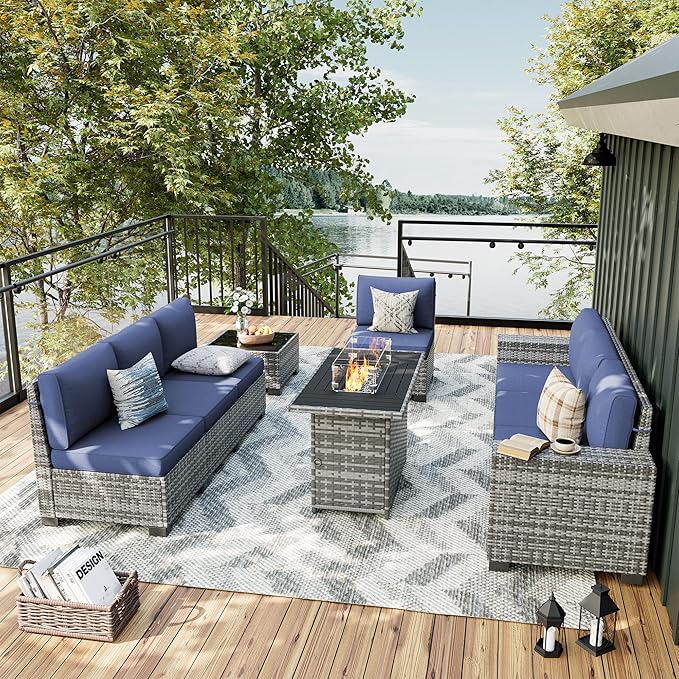 UDPATIO Patio Furniture Set with Fire Pit Table, 8 Inch Armrest Outdoor Sectional Sofa, 9 Piece Wicker Outdoor Furniture Conversation Sets with Waterproof Cover for Backyard Deck(Grey/Navy Blue)