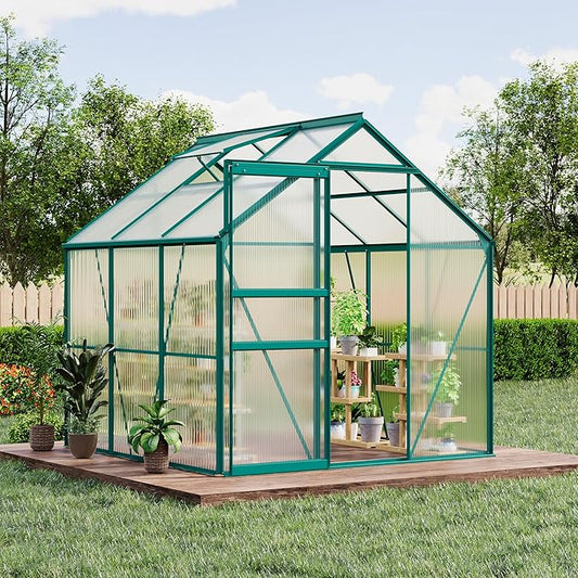 Garvee 6 x 6 FT Outdoor Greenhouse, Polycarbonate Greenhouses with Aluminum Frame, Sliding Door, Adjustable Roof Vent for Backyard, Green Houses for Outside Garden Backyard, Patio, Green