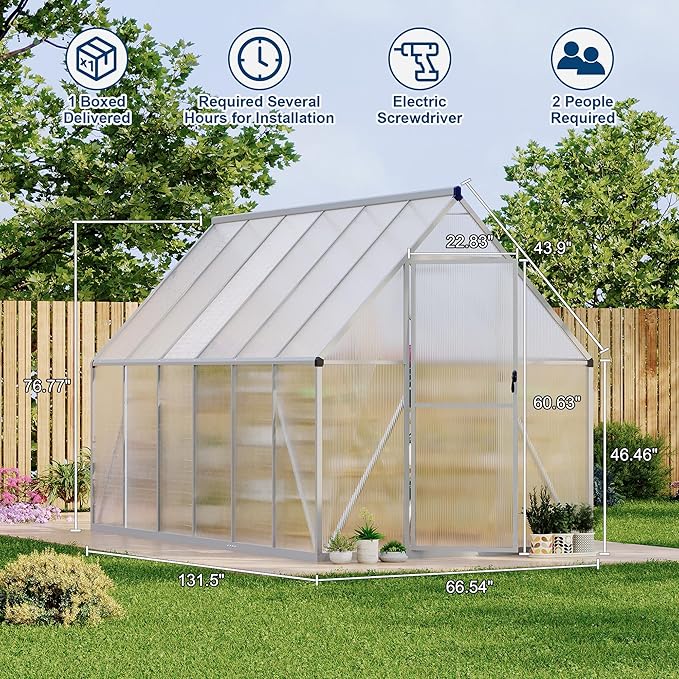 Polycarbonate Greenhouse for Outdoors, Large Walk-InGreenhouse with Quick Setup Structure and Roof Vent, Greenhouse with Ventilation