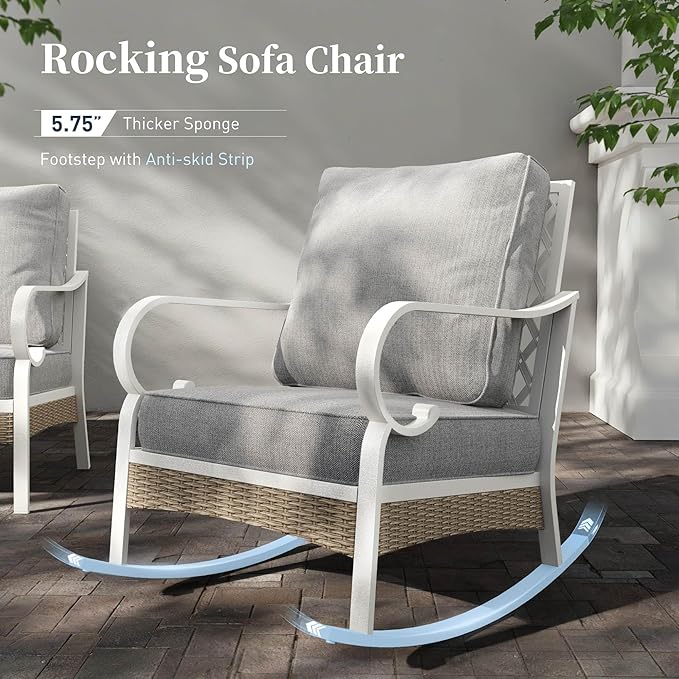 4 Piece Metal Outdoor Patio Furniture Set, Patio Conversation Sets 1 2-Seater Sofa, 2 Single Sofa with 5.75" Extra Thick Cushion and Coffee Table, White Frame Backyard Furniture, Gray