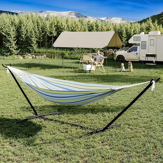 GarveeLife Instant-Setup 2-Person Hammock with Reinforced Steel Frame – Portable Outdoor Lounger for Garden, Camping & Beach (450 LB Capacity + Quick-Fold Carry Bag),Blue-Green Stripes